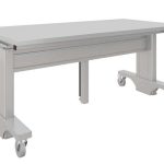 Electric center justified workstation with laminate top and casters