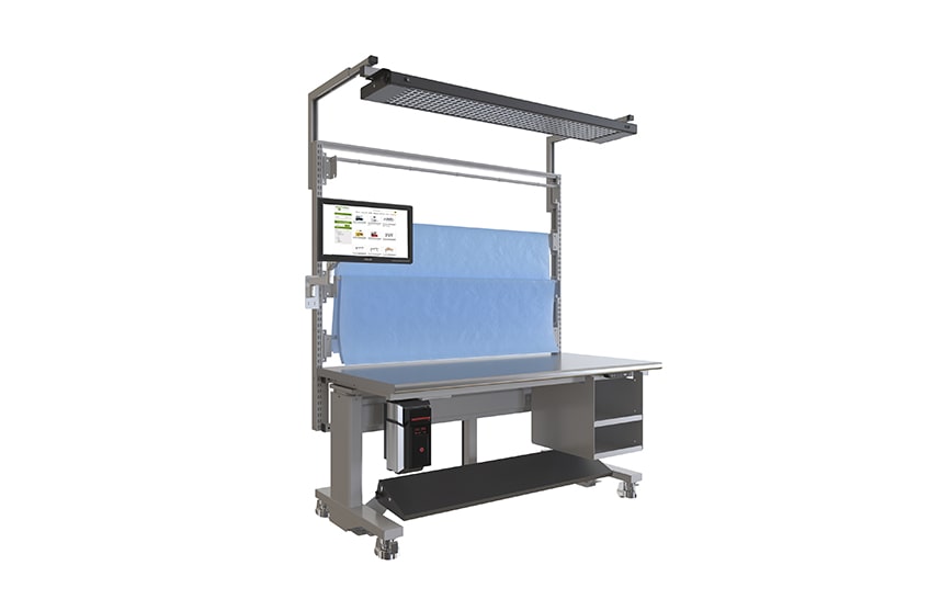 prep and pack station with sterile wrap rack